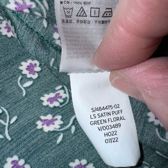 Gap Dress Womens Sz 20 Green Floral Long Sleeve Satin Puff Sleeve Midi V Neck - Picture 12 of 12